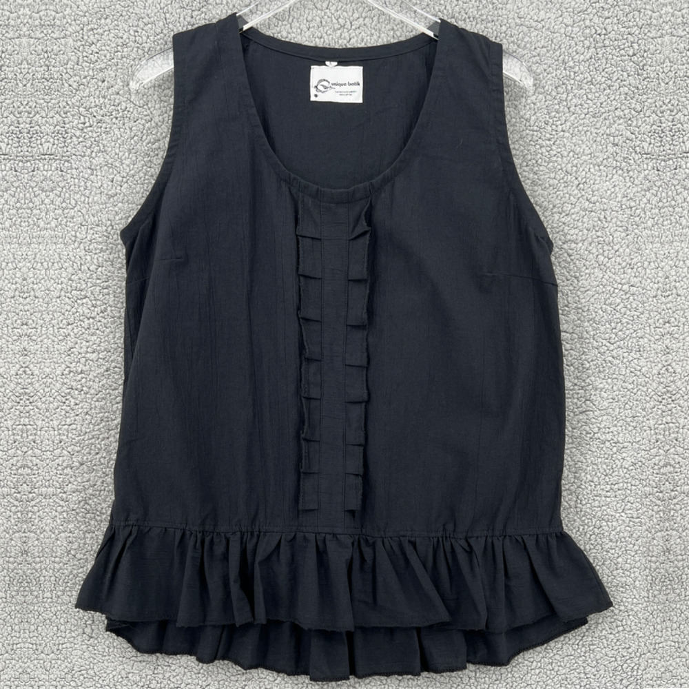 Unique Batik Shirt Womens Large Black Cotton Casual Sleeveless Ruffle Top Ladies